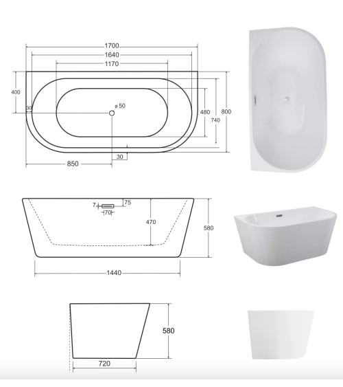 Baignoire îlot VICA GLAM GRAPHITE 150/170 x 80 cm