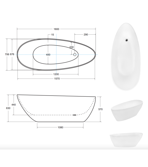 Baignoire îlot GOYA 142x62 cm/160x70 cm
