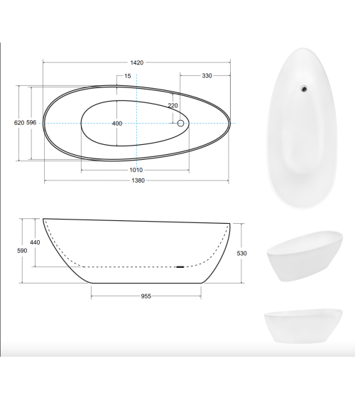 Baignoire îlot GOYA bicolore: noir/blanc 142x62 cm/160x70 cm
