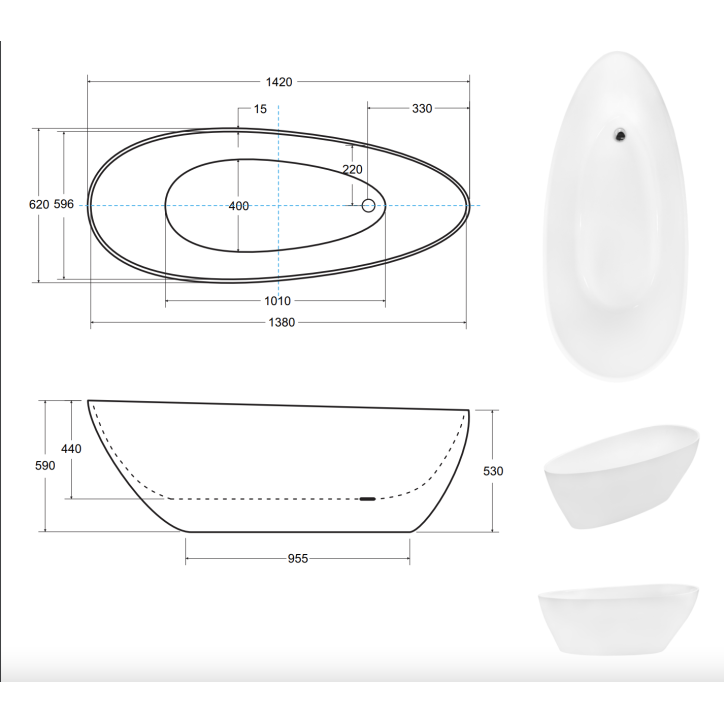 Baignoire îlot GOYA bicolore: noir/blanc 142x62 cm/160x70 cm
