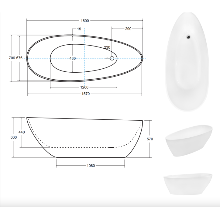Baignoire îlot GOYA bicolore: noir/blanc 142x62 cm/160x70 cm
