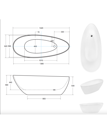 Baignoire îlot GOYA GLAM GRAPHITE 142x62 cm/160x70 cm