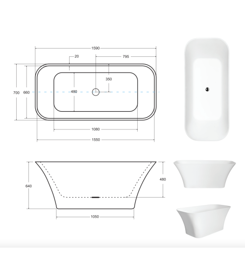 Baignoire îlot ASSOS bicolore:noir/blanc 160 x 70 cm
