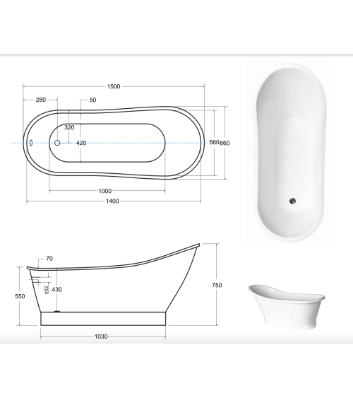 Baignoire îlot GLORIA 150x66 cm/160x68 cm