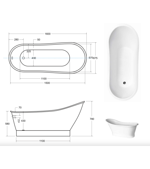 Baignoire îlot GLORIA 150x66 cm/160x68 cm