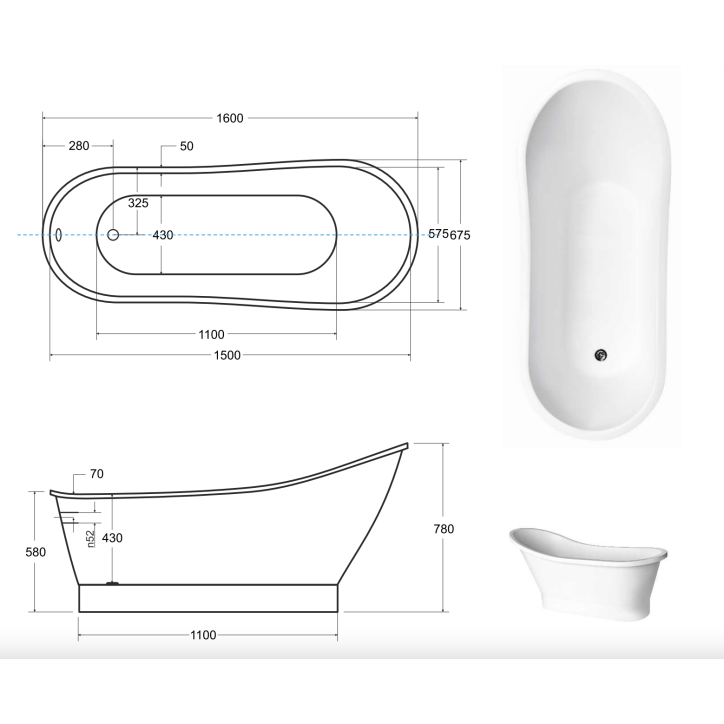 Baignoire îlot GLORIA 150x66 cm/160x68 cm