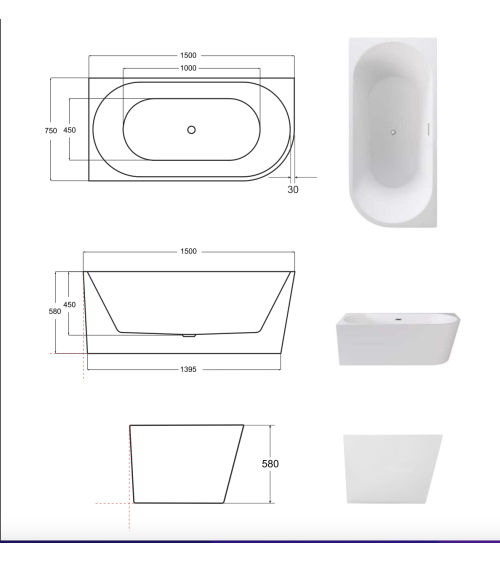 Baignoire ZOYA angle droit 150x75 cm/170x80 cm