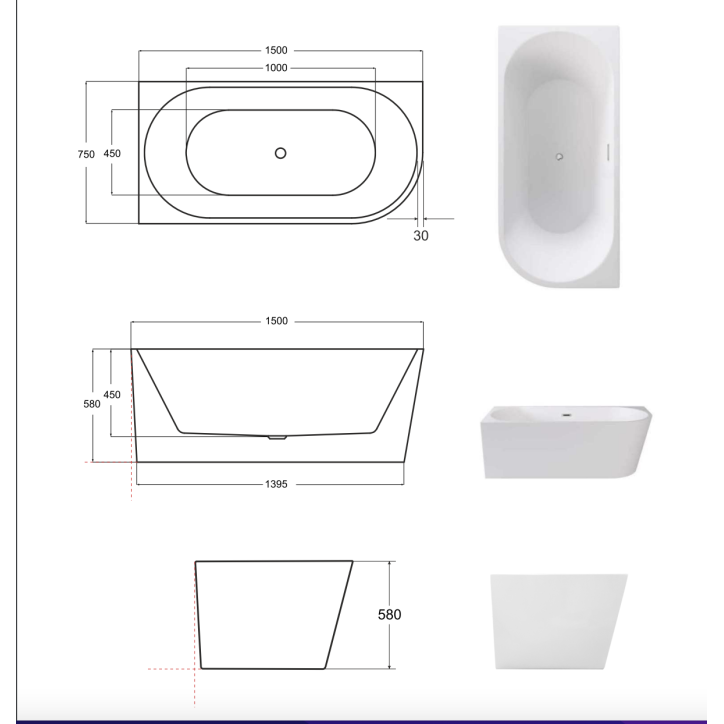 Baignoire ZOYA angle droit 150x75 cm/170x80 cm
