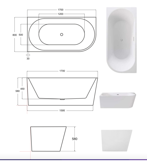 Baignoire ZOYA angle droit 150x75 cm/170x80 cm