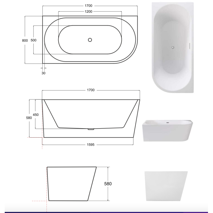 Baignoire ZOYA angle droit 150x75 cm/170x80 cm