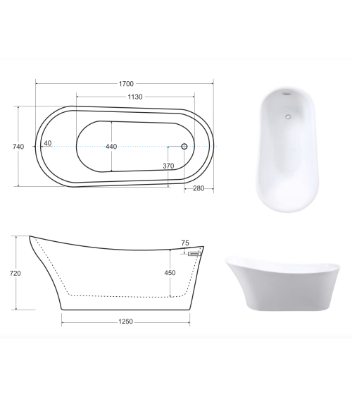 Baignoire îlot CALIMA GLAM GRAPHITE 170 x 74 cm