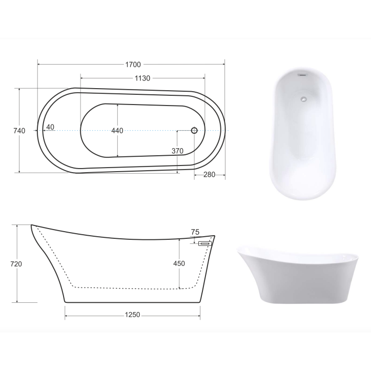 Baignoire îlot CALIMA GLAM GRAPHITE 170 x 74 cm Baignoire îlot CALIMA GLAM GRAPHITE 170 x 74 cm