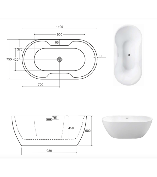 Baignoire îlot NAVIA 140x75 cm,150/160x80 cm