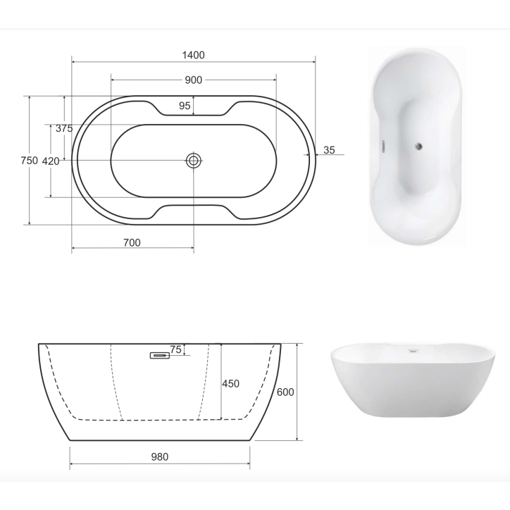 Baignoire îlot NAVIA 140x75 cm,150/160x80 cm Baignoire îlot NAVIA 140x75 cm,150/160x80 cm