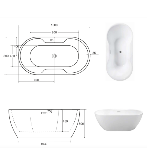 Baignoire îlot NAVIA 140x75 cm,150/160x80 cm