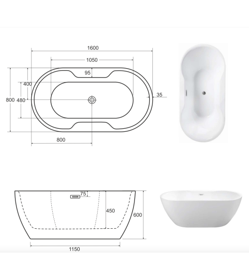 Baignoire îlot NAVIA 140x75 cm,150/160x80 cm