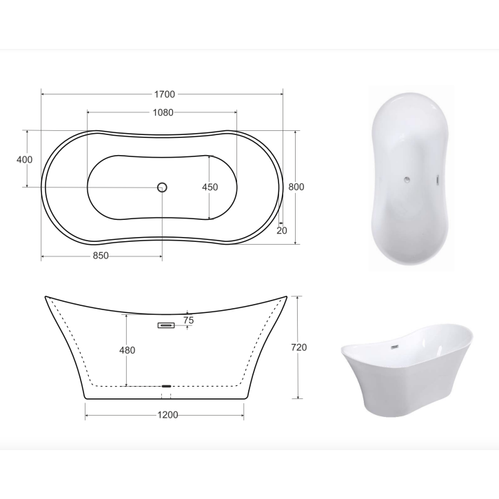 Baignoire îlot AMBER 170 x 80 cm Baignoire îlot AMBER 170 x 80 cm