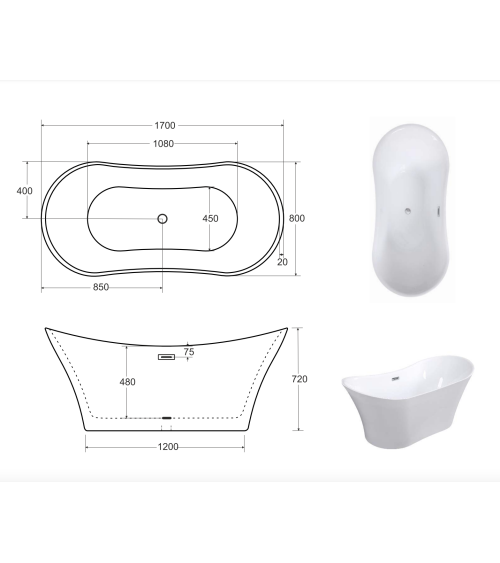 Baignoire îlot AMBER GLAM GOLDEN 170 x 80 cm