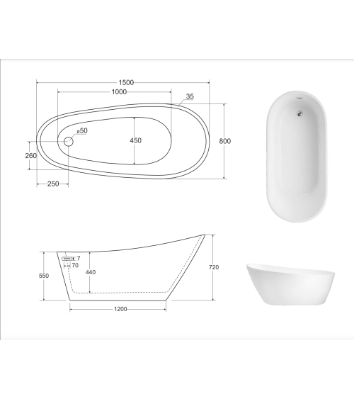 Baignoire îlot MELODY 150/170 x 80 cm