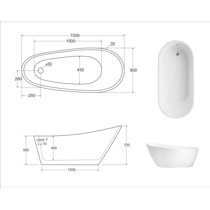 Baignoire îlot MELODY 150/170 x 80 cm Baignoire îlot MELODY 150/170 x 80 cm