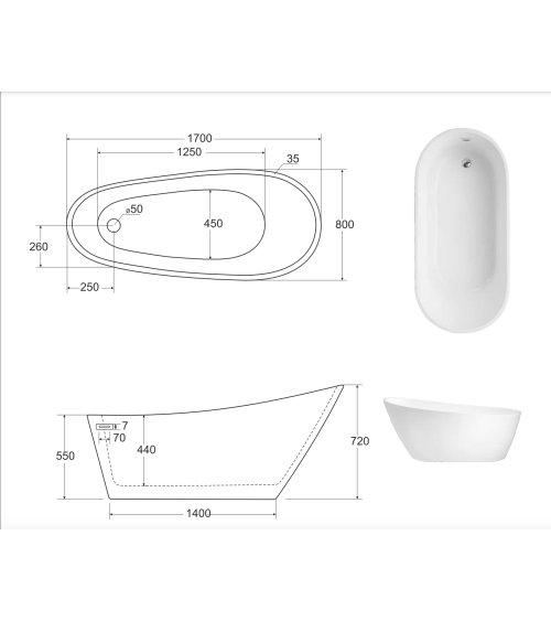 Baignoire îlot MELODY 150/170 x 80 cm