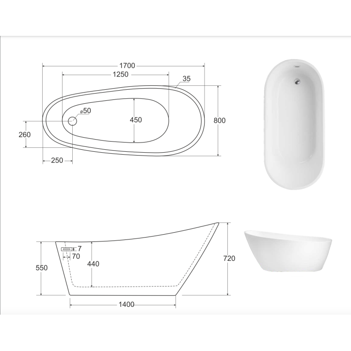 Baignoire îlot MELODY 150/170 x 80 cm Baignoire îlot MELODY 150/170 x 80 cm
