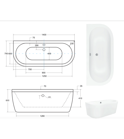 Baignoire îlot VISTA 140/150/160x75 cm