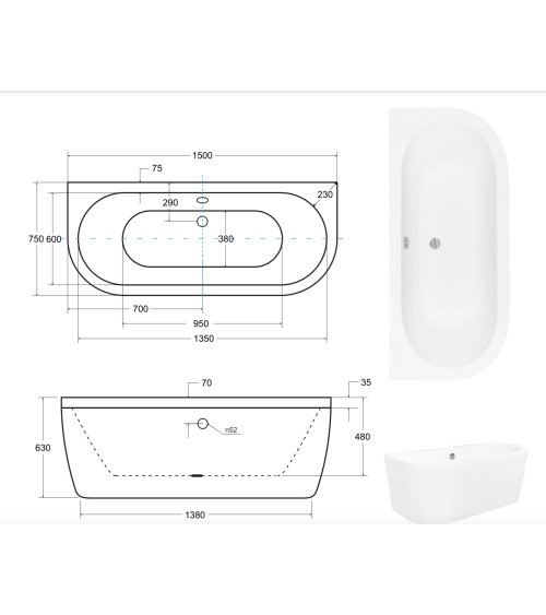 Baignoire îlot VISTA 140/150/160x75 cm