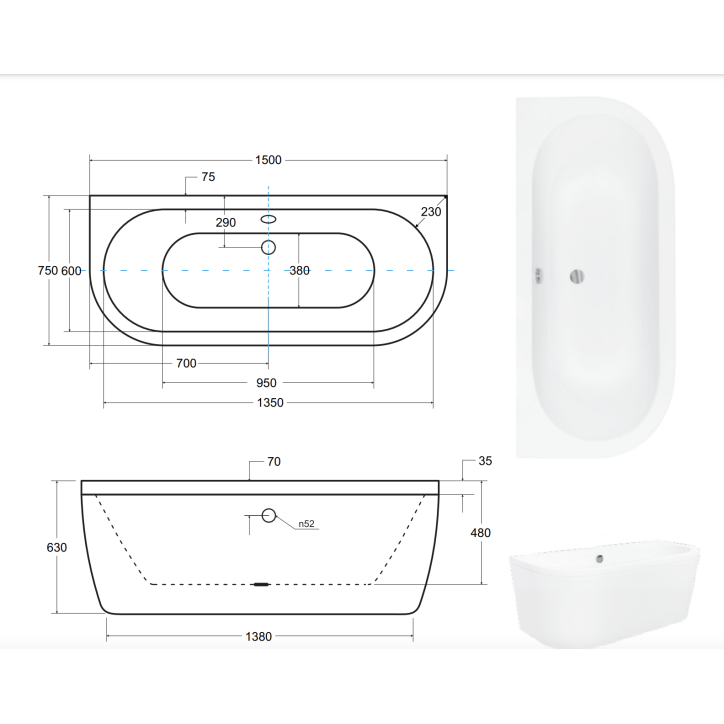 Baignoire îlot VISTA 140/150/160x75 cm Baignoire îlot VISTA 140/150/160x75 cm