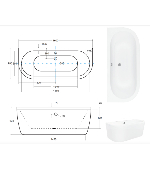 Baignoire îlot VISTA 140/150/160x75 cm