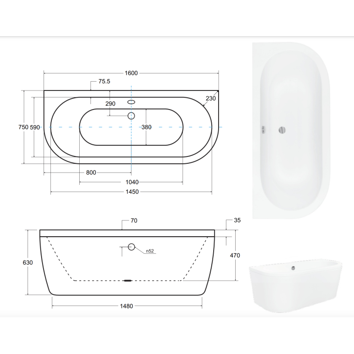Baignoire îlot VISTA 140/150/160x75 cm Baignoire îlot VISTA 140/150/160x75 cm