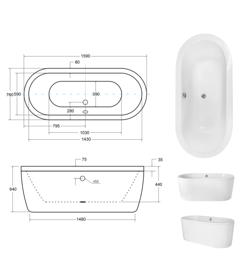 Baignoire îlot VICTORIA 160x75 cm/ 185x83 cm