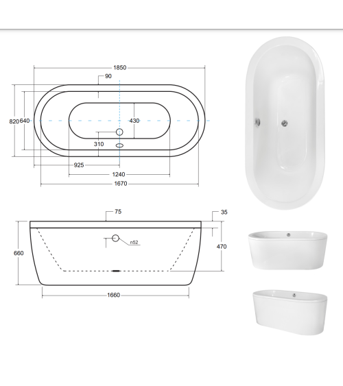 Baignoire îlot VICTORIA 160x75 cm/ 185x83 cm