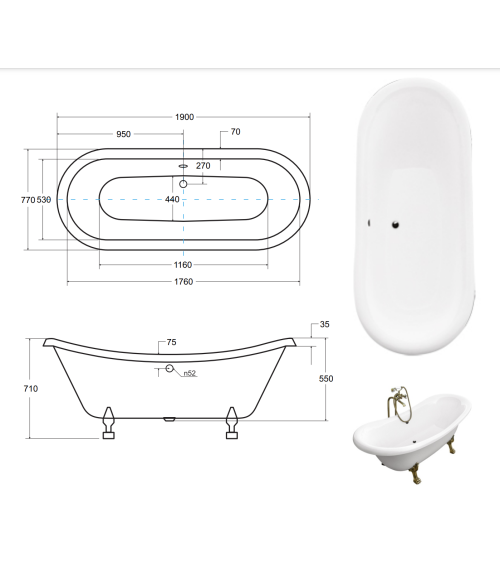 Baignoire îlot AMELIA GLAM SILVER 190 x 77 cm