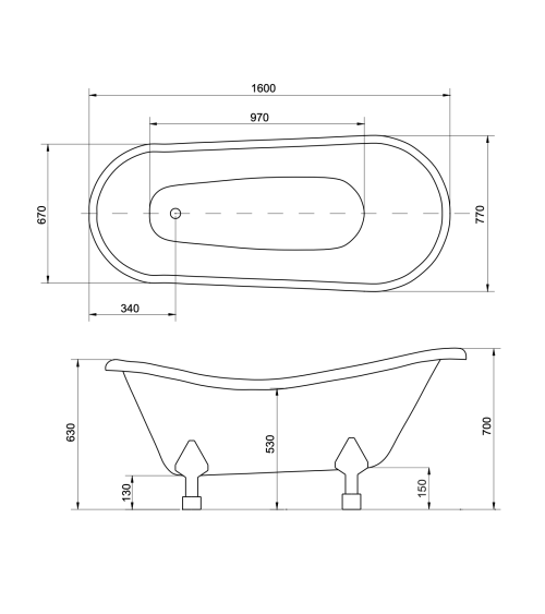 Baignoire îlot OTYLIA GLAM SILVER 160/170 x 77 cm