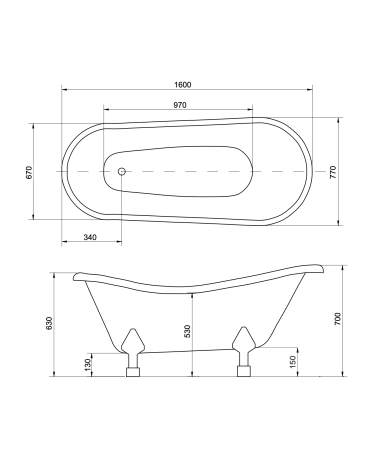 Baignoire îlot OTYLIA GLAM SILVER 160/170 x 77 cm