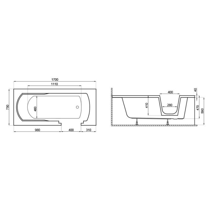 Baignoire à porte ADELAIDE 160/170/180x75/80x54 cm