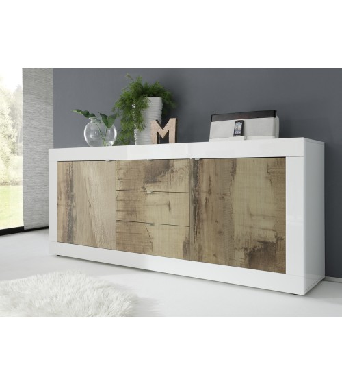 Buffet 2 portes 3 tiroirs BASIC finition blanc-chêne péro 210 cm