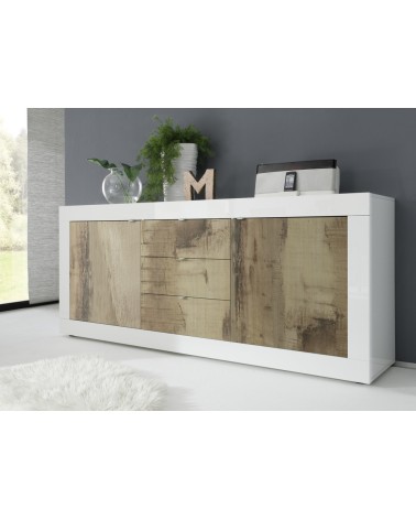 Buffet 2 portes 3 tiroirs BASIC finition blanc-chêne péro 210 cm