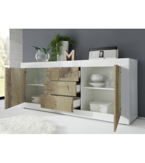 Buffet 2 portes 3 tiroirs BASIC finition blanc-chêne péro 210 cm