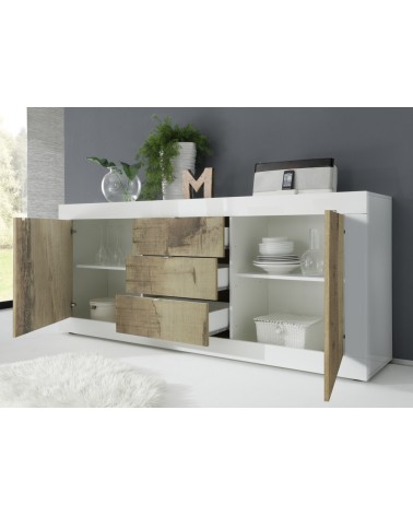 Buffet 2 portes 3 tiroirs BASIC finition blanc-chêne péro 210 cm