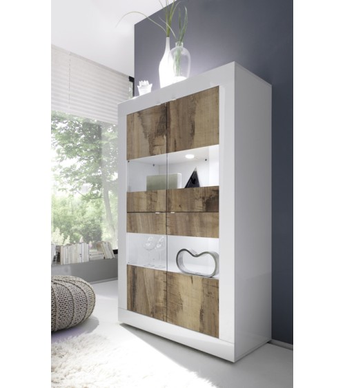 Vitrine 4 portes BASIC finition blanc-chêne péro 102/162/43 cm