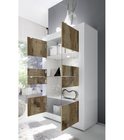 Vitrine 4 portes BASIC finition blanc-chêne péro 102/162/43 cm