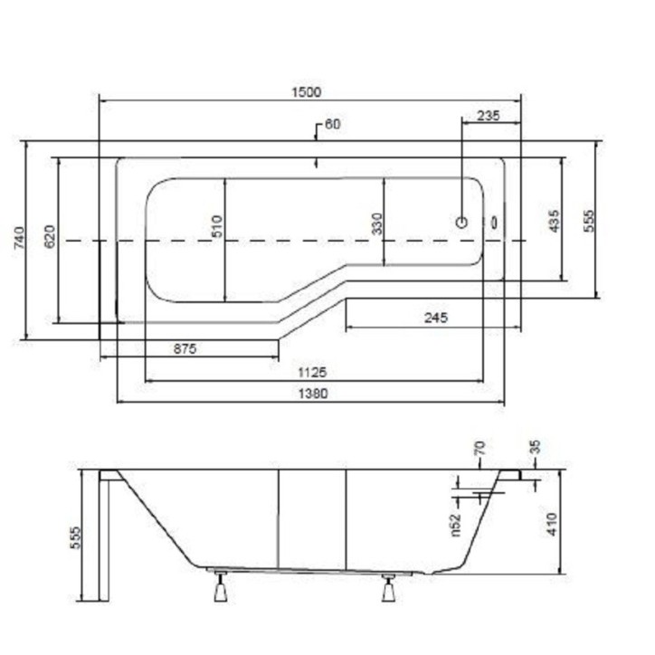 Baignoire asymétrique INTEGRA 150/170 cm x 75 cm + pare baignoire