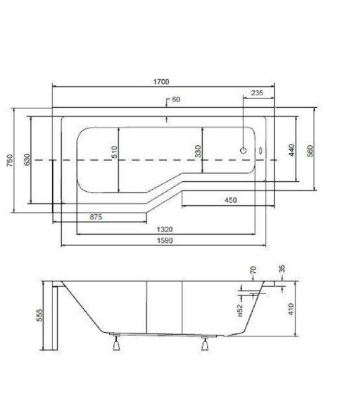 Baignoire asymétrique INTEGRA 150/170 cm x 75 cm + pare baignoire