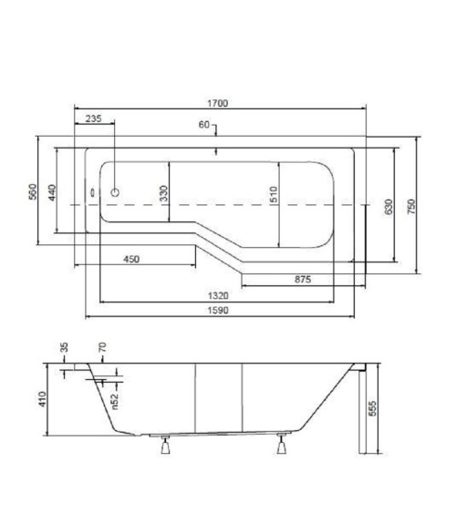 Baignoire asymétrique INTEGRA 150/170 cm x 75 cm + pare baignoire