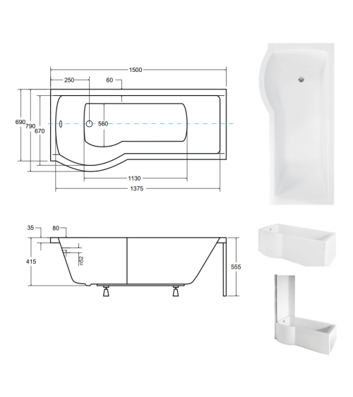 Baignoire  INSPIRO 150/160/170 cm x 70 cm pare baignoire