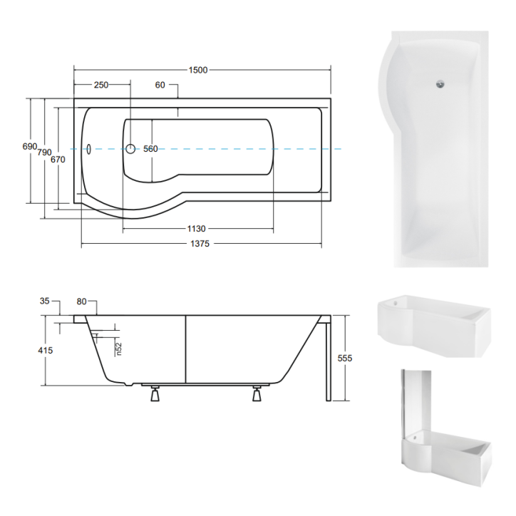 Baignoire  INSPIRO 150/160/170 cm x 70 cm pare baignoire