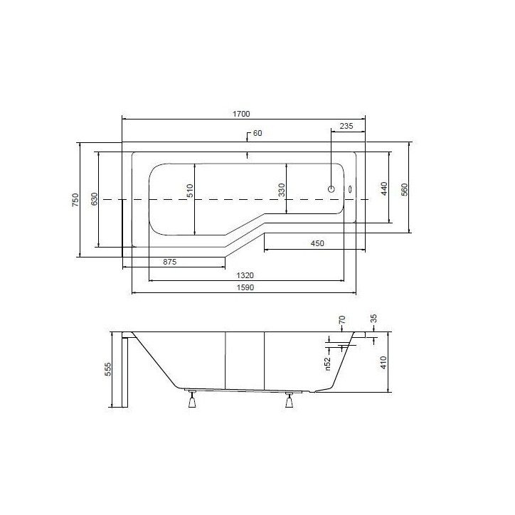 Baignoire asymétrique MATIK II 150 ou 170 cm, GAUCHE