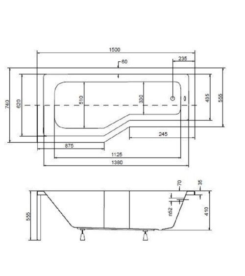 Baignoire asymétrique INTERO 150/170 cm x 75 cm  sans pare baignoire